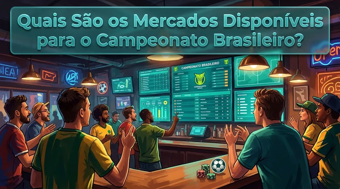 Tela de apostas Pixbet em bar com fãs examinando mercados do Campeonato Brasileiro.